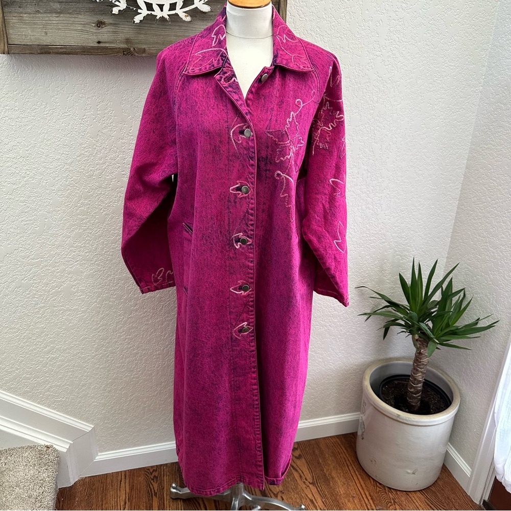 VTG Sundance denim acid wash pink embroidered long denim‎ jacket coat size Large